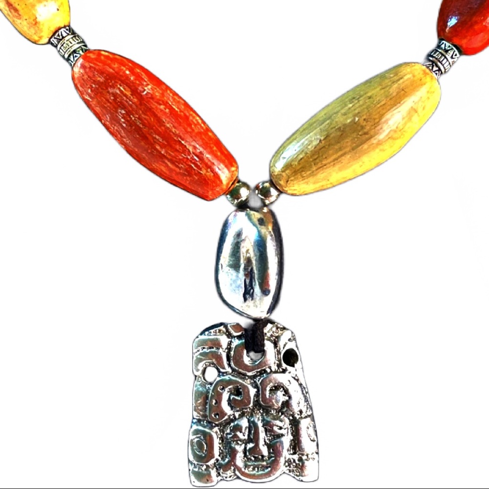 VINTAGE Native American Haida Bear Necklace Silver tone w Natural Wood